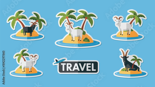 Vector Illustration/sticker of Cute cartoon animals on tropical islands with travel and relaxation theme.