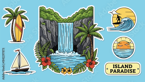 Vector Illustration/sticker of Beautiful Tropical Island Scene with Waterfall and Ocean View.
