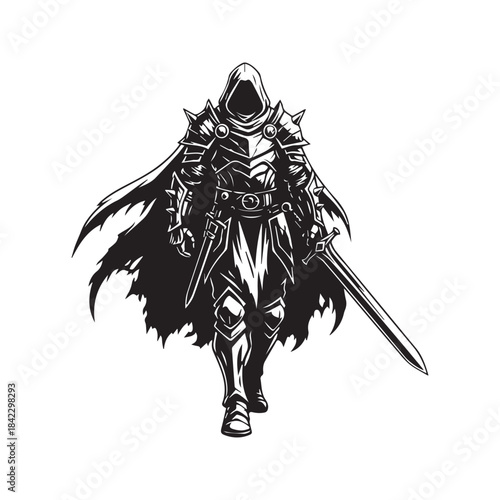 Epic fantasy warrior in a hood and armor, holding a sword. Mysterious medieval knight or assassin character silhouette, black and white vector illustration.
