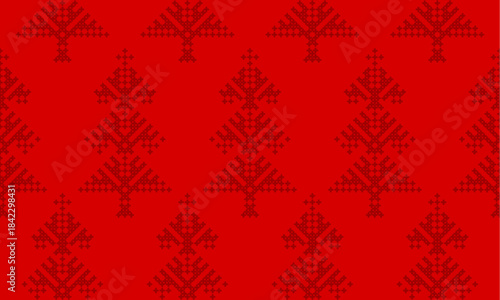 Winter seamless vector pattern with christmas trees, cozy embroidery pattern on red background. Surface design for textile, fabric, wallpaper, wrapping