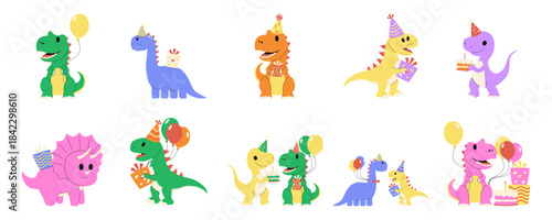 Set of Cute cartoon dinosaurs celebrating a birthday party with gifts, balloons, and cakes, perfect for children's events and invitations