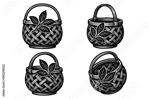 Vintage wicker basket set with leaf decoration in black and white engraving style