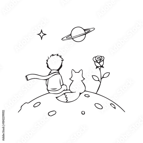 Vector line drawing of a little boy sitting on a tiny planet with a fox and a rose, looking at the stars in space.

