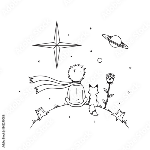 Vector line drawing of a little boy sitting on a tiny planet with a fox and a rose, looking at the stars in space.
