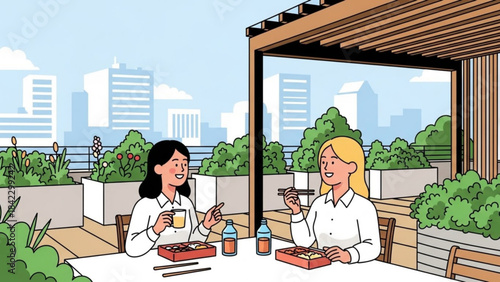Two women enjoying lunch on a rooftop terrace with city skyline casual outdoor dining and urban lifestyle concept