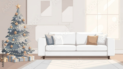 Cozy living room with decorated Christmas tree and white sofa festive holiday interior scene for winter season