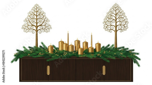 Elegant Christmas centerpiece with golden candles and fir branches festive holiday decor for winter celebrations isolated on white