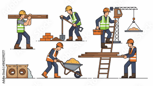 Construction Workers in Action: Various Tasks and Equipment on the Job Site
