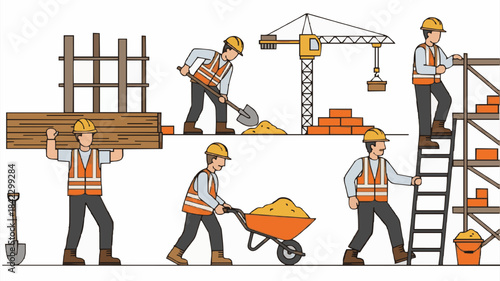 Illustration of Hardworking Construction Workers Using Tools and Lifting Materials
