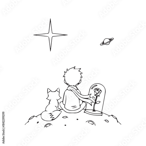 Vector line drawing of a little boy sitting on a tiny planet with a fox and a rose, looking at the stars in space.

