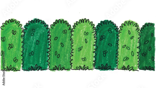 Hand-Drawn Row of Tall, Uniform, Stylized Green Hedges Border or Divider Illustration