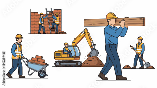 Busy Construction Workers: Shoveling, Lifting, and Using Tools for Building
