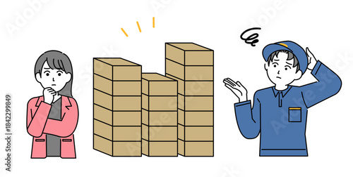 通販の運送に悩むビジネスマンと宅配業者のイラスト素材