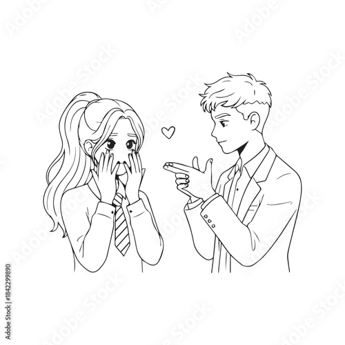 Line drawing of a young couple flirting playfully where a boy makes a finger gun gesture and a shy girl covers her face, symbolizing innocent teen romance.

