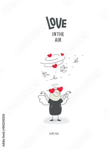 Vector cartoon sketch of Angel looks at the world through glasses with love. Angels advise creating a seed of love. Concept of philanthropy and support. Happy valentine's day postcard.