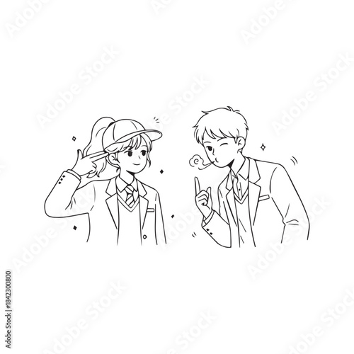 Line drawing of a young couple flirting playfully where a boy makes a finger gun gesture and a shy girl covers her face, symbolizing innocent teen romance.
