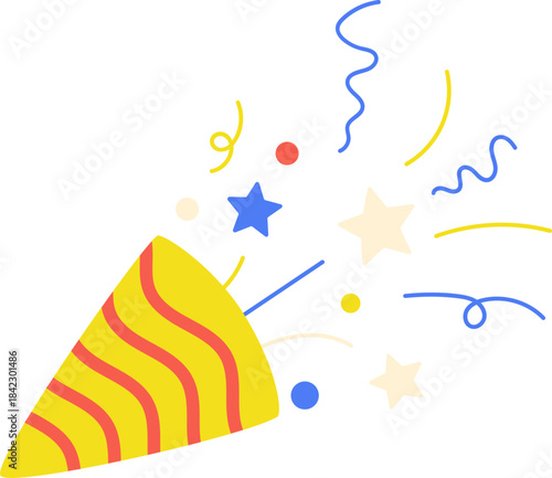 Joyful party popper bursting with colorful confetti, stars, and streamers, perfect for celebrations and festive events