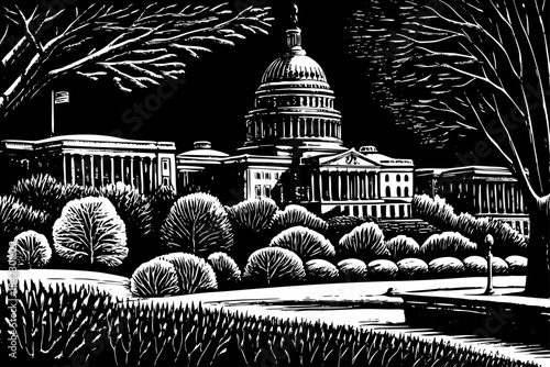 snowy sketch of Washington D.C. with iconic government buildings, classical columns, snowy parks, and pencil shaded architectural details creating a calm winter capital scene