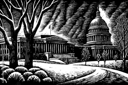 snowy sketch of Washington D.C. with iconic government buildings, classical columns, snowy parks, and pencil shaded architectural details creating a calm winter capital scene