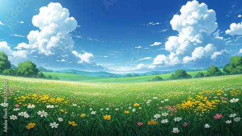 Fototapeta Naklejka Na Ścianę i Meble -  Vibrant flower meadow beneath a bright sky with fluffy clouds