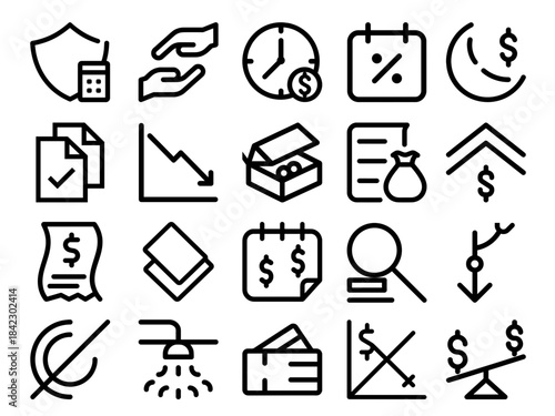 Accounting icons represent budget operations and financial management tools. These icons are essential for effective financial