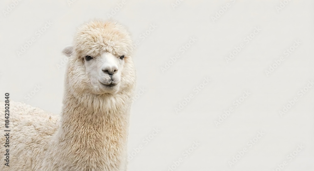 Fototapeta premium Close-up portrait of a cute white fluffy alpaca looking directly at the camera on a plain background.
