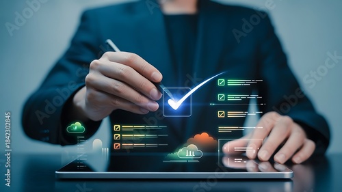 Business Executive Using Tablet Interface For Cloud Data Organization And Workflow Tasks