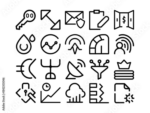 Financial infrastructure icons represent various concepts modern design. These symbols illustrate key elements data analysis