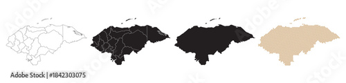 Maps of Honduras are available in various styles, featuring black and gold colors on a white background.