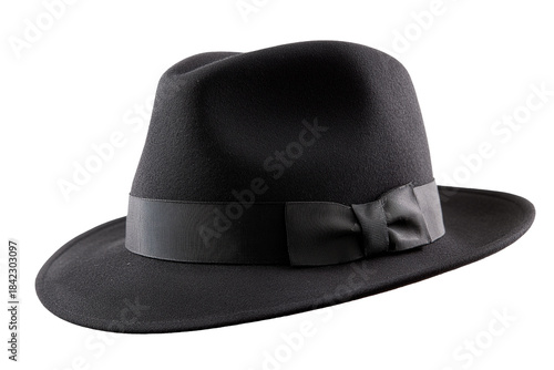 Black fedora hat with a ribbon, isolated on white background, png