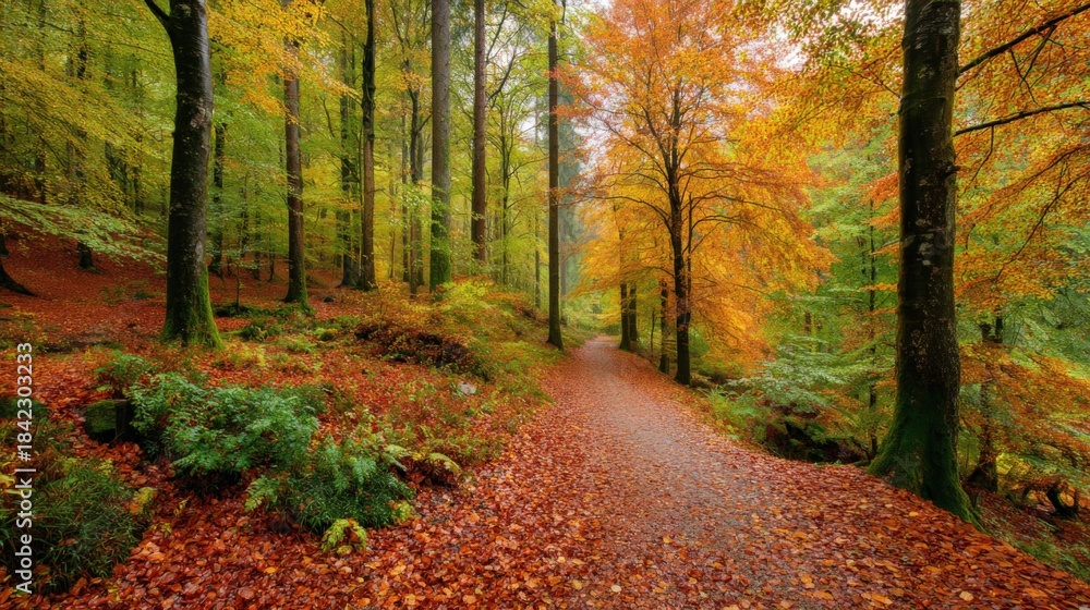 Fototapeta premium Scenic Autumn Forest Path with Vibrant Fall Foliage, Serene Nature Walk in Woodland Landscape