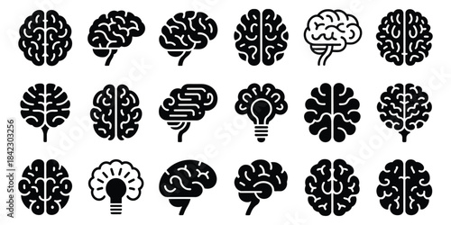 Brain Icon Silhouette Vector Clipart Set Featuring Clean Outline Designs for Medical, Educational, Neuroscience, Psychology, and Mental Health Illustration Projects
