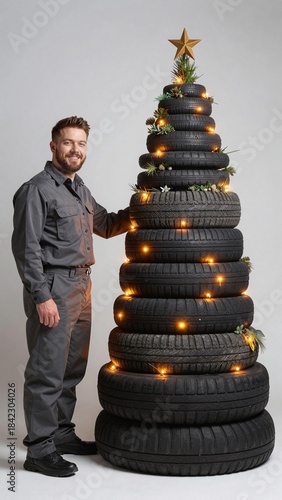 man in gray uniform stands beside large, tire-based Christmas tree illuminated with lights, smiling warmly, in festive winter scene, joyful family moment, creative reuse, tire art