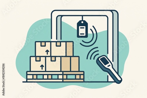 Innovative inventory management system featuring stacked cardboard boxes and a barcode scanner enhancing logistical efficiency and facilitating seamless automation in modern warehouses