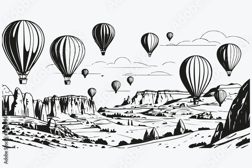 Cappadocia landscapes with hot air balloons sketch illustration vector