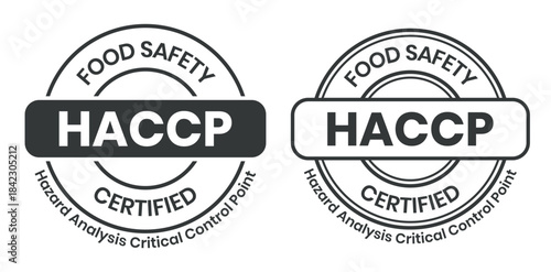 HACCP Hazard Analysis Critical Control Points, Food Safety system, logo, badge, icon, sticker, label, emblem, stamp, symbol, green, golden, flat vector, isolated illustration. HACCP Certified.