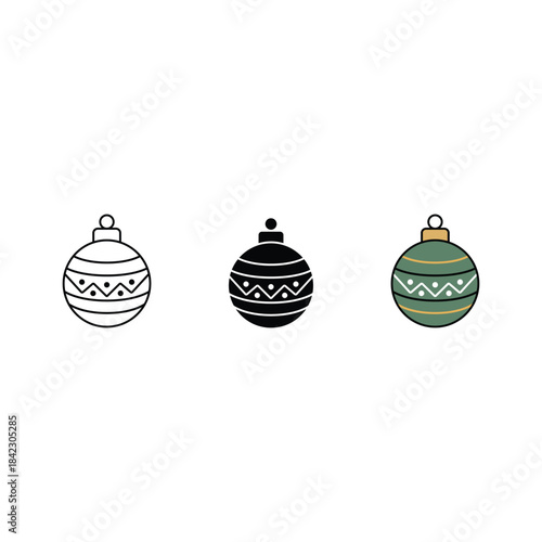 Christmas Bauble Ornament Icon Set Vector: Outline, Silhouette, and Color Styles