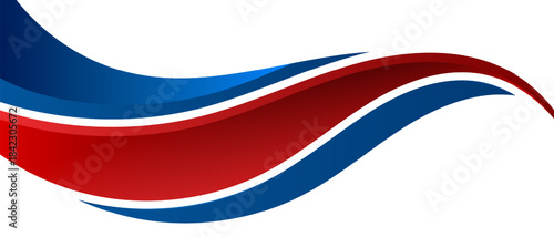 Abstract wave banner with layered red and blue curved ribbons creating dynamic motion on a clean white background, suitable for corporate branding and modern layouts.