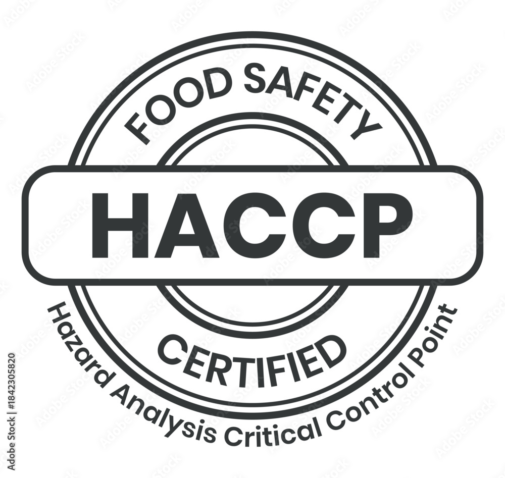 Obraz premium HACCP Hazard Analysis Critical Control Points, Food Safety system, logo, badge, icon, sticker, label, emblem, stamp, symbol, green, golden, flat vector, isolated illustration. HACCP Certified.