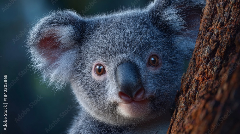 Fototapeta premium A koala peeking behind a tree, with curious and adorable expression. It has soft, gray fur and bright eyes
