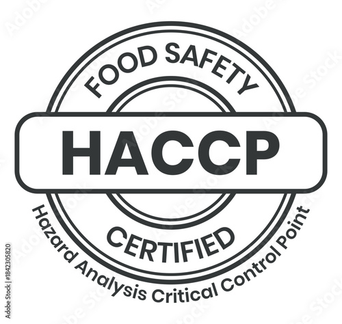 HACCP Hazard Analysis Critical Control Points, Food Safety system, logo, badge, icon, sticker, label, emblem, stamp, symbol, green, golden, flat vector, isolated illustration. HACCP Certified.