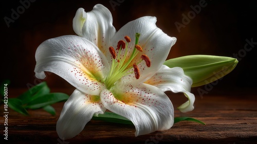 Elegant white lily flower with yellow and orange spots on wooden background. The flower is in full bloom, showcasing its delicate petals and green stem