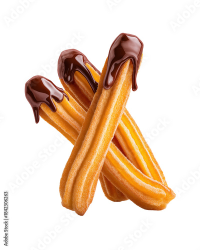 Three churros with melting chocolate sauce, isolated on white background, png