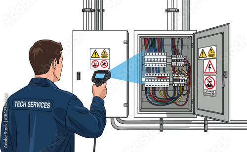Technician using infrared thermal imaging device to inspect electrical panel for faults, overheating, and safety compliance in industrial setting