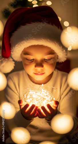 Adorable child in a festive Santa hat, cradling a luminous cluster of twinkling lights, embodying the warm spirit of holidays and a hopeful Happy New Year 2026 celebration, radiating pure joy