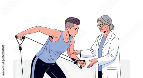 Physical therapist guiding patient with resistance band exercise