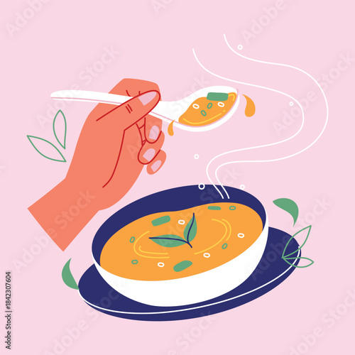 A cozy illustration of a hand scooping warm soup with steam rising from a bowl.