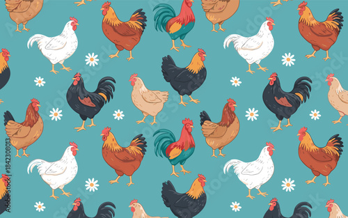 Colorful roosters and hens on blue background with flowers