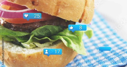 Hamburger entering center while empty blue bubble triggers social bubbles popping, creating buzz