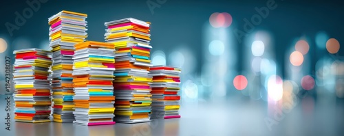 A colorful stack of papers is displayed in a blurred urban setting, highlighting the contrast between organization and chaos.